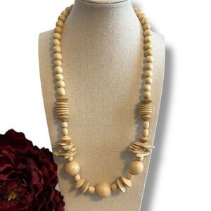 Vintage Boho Wood Bead Necklace Neutral Tan & Cream